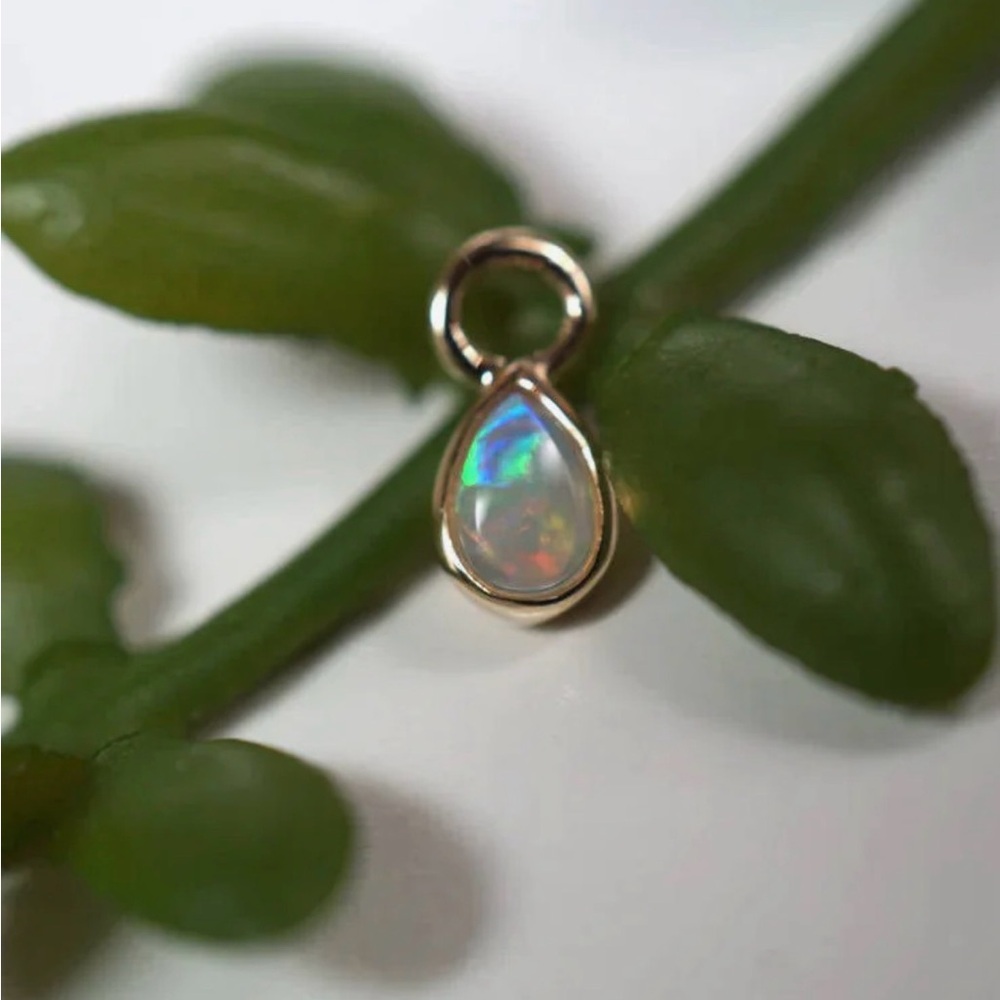 Mini Pear Shape Cabochon by Modern Mood 14k YG Teardrop Drop Charm - White Opal